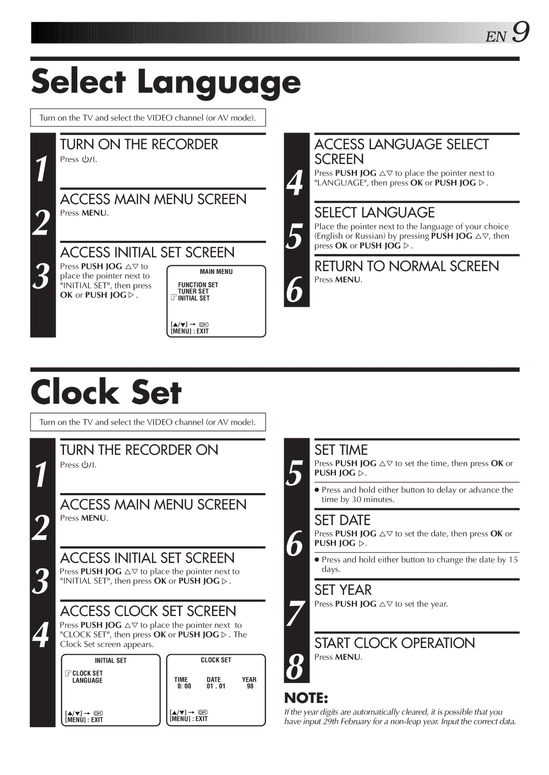 JVC HR-J251MS Select Language, Clock Set, Place the pointer next to, Initial SET, then press, OK or Push Jogþ 