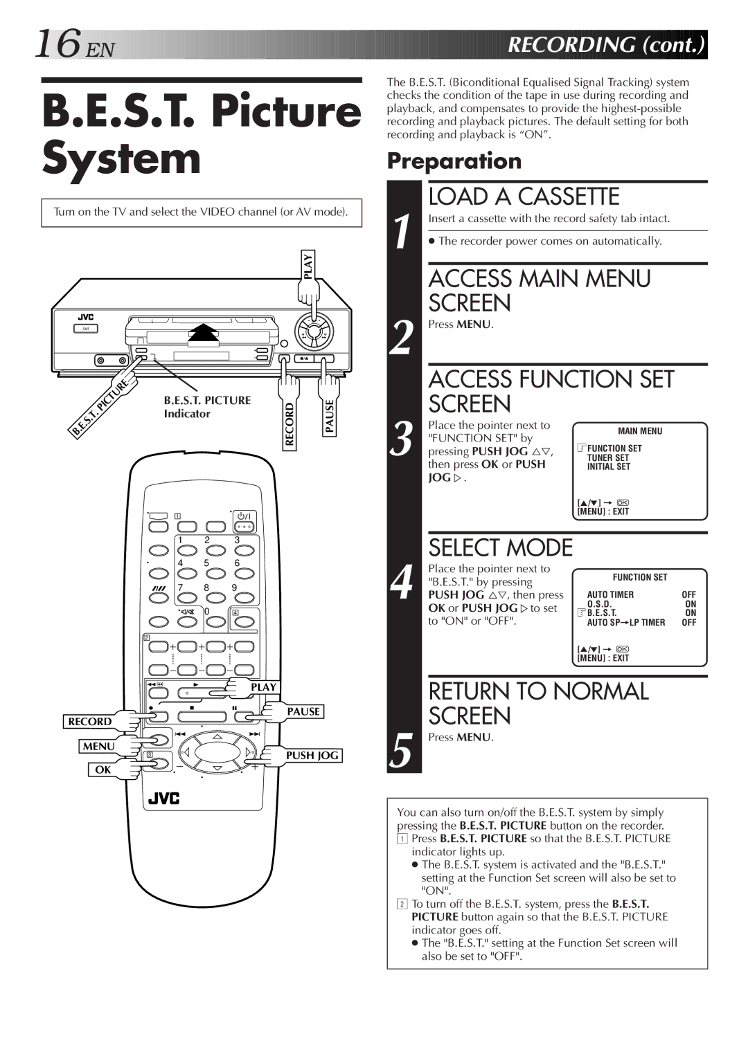 JVC HR-J255SA S.T. Picture System, Load a Cassette, Access Main Menu Screen, Return to Normal Screen, EN Recording 