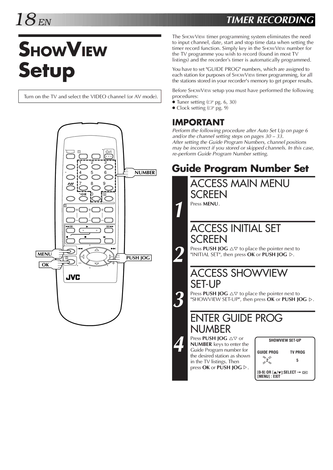 JVC HR-J255SA specifications Setup, Access Initial SET Screen, Set-Up, Number, EN Timer Recording 