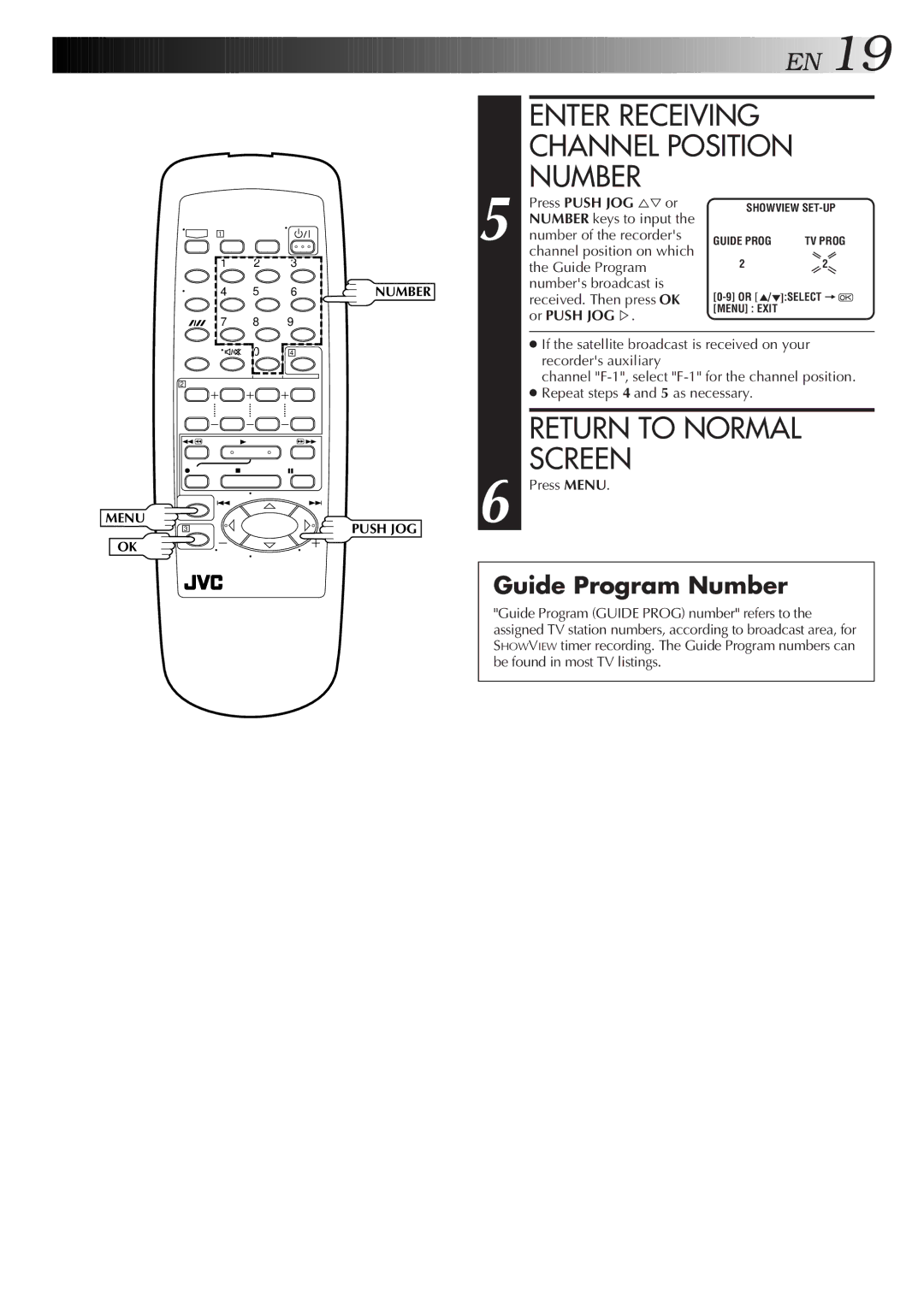 JVC HR-J255SA Enter Receiving Channel Position Number, Return to Normal Screen, Press Push JOG %Þor, Or Push JOG% 