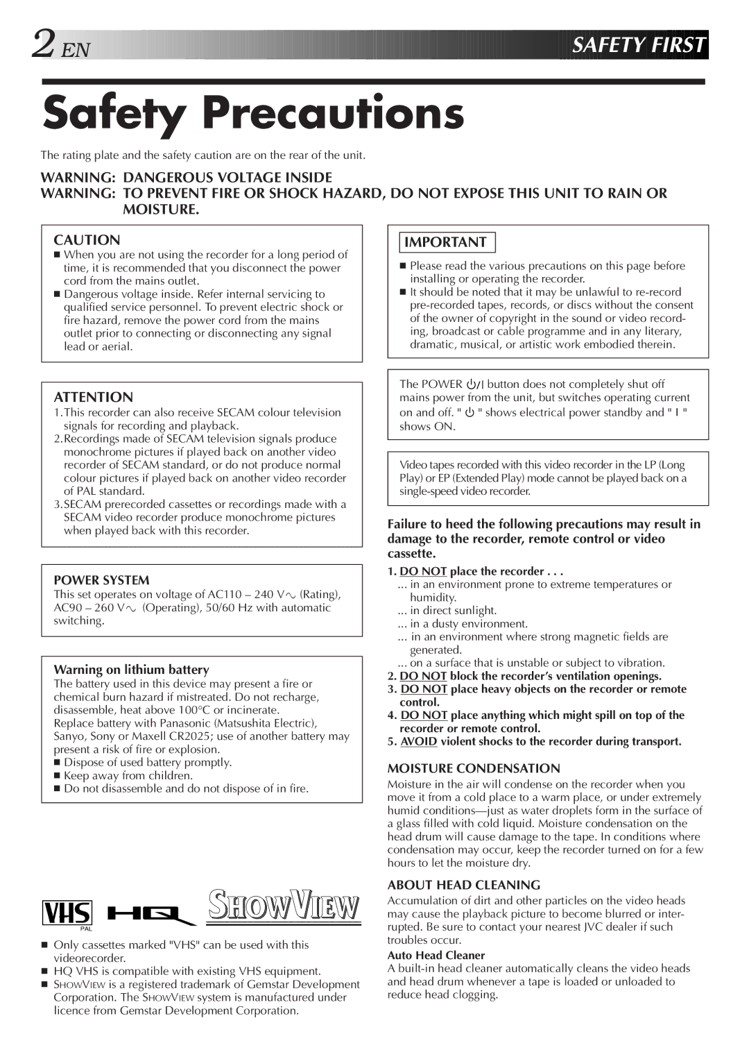 JVC HR-J255SA specifications Safety Precautions, Do not place the recorder, Auto Head Cleaner 