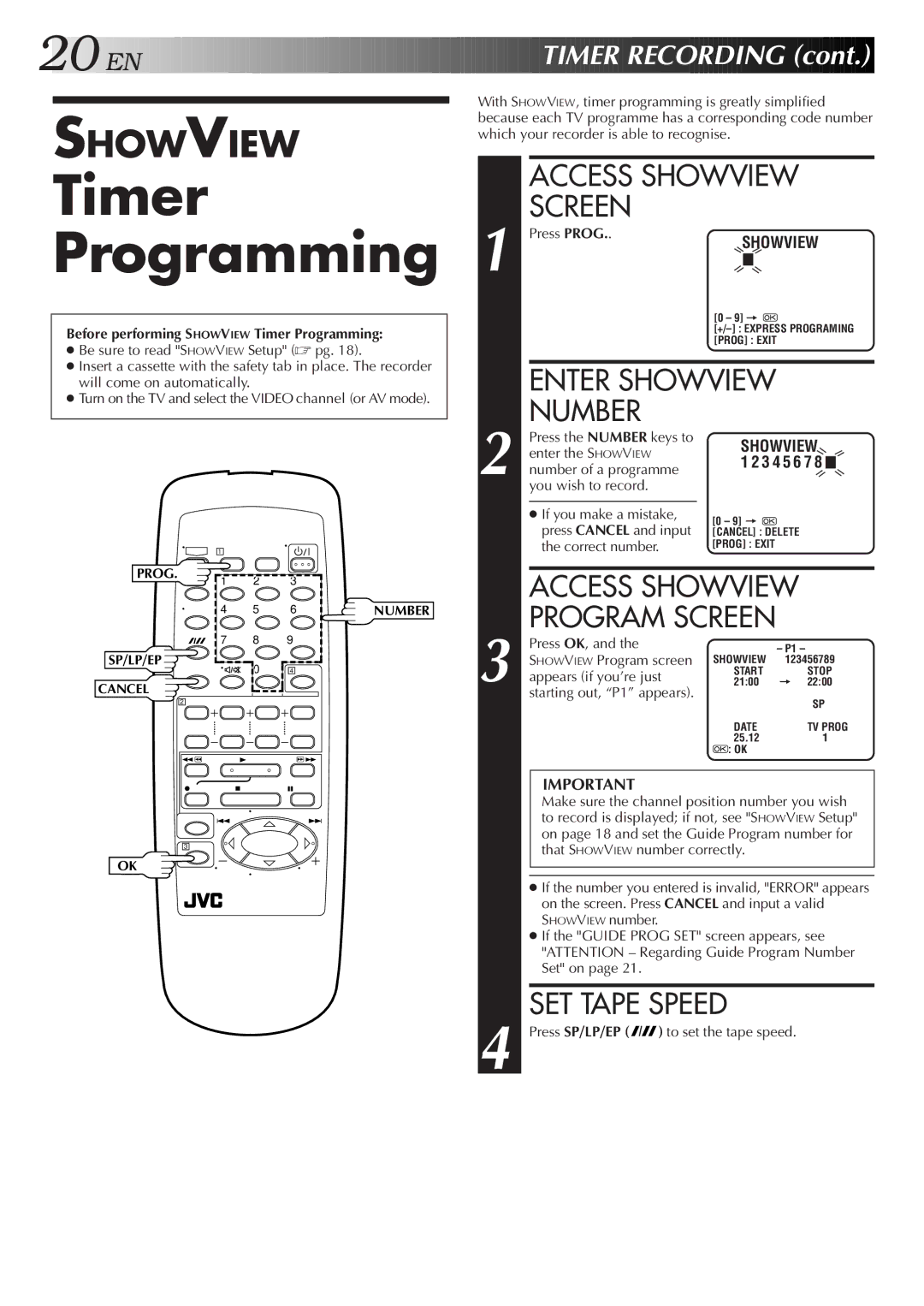 JVC HR-J255SA specifications Timer Programming, Access Showview Screen, Number 