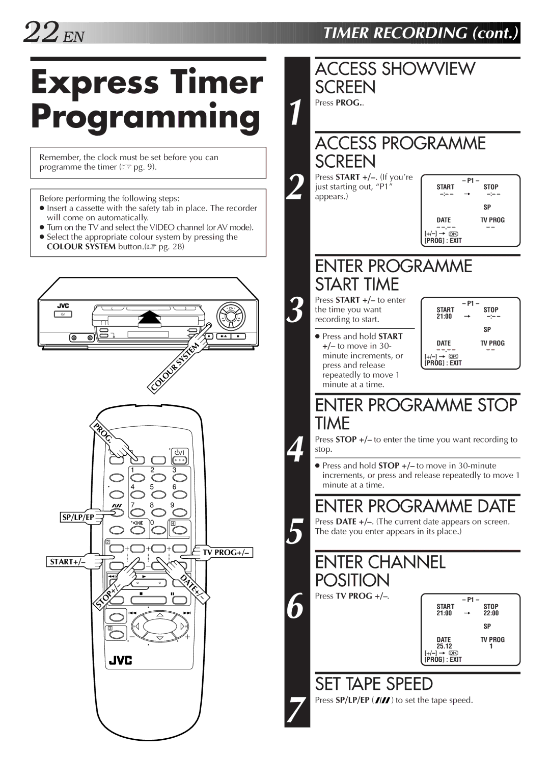 JVC HR-J255SA Express Timer Programming, Enter Programme Stop Time, Enter Programme Date, Enter Channel Position 