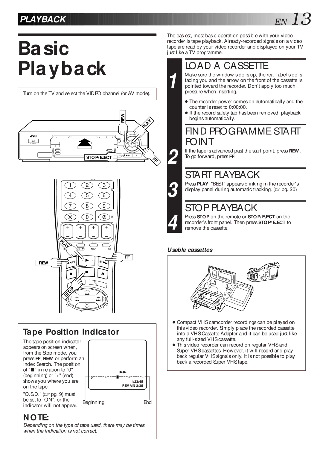 JVC HR-J260EU specifications Basic Playback, Load a Cassette, Point, Start Playback, Stop Playback 