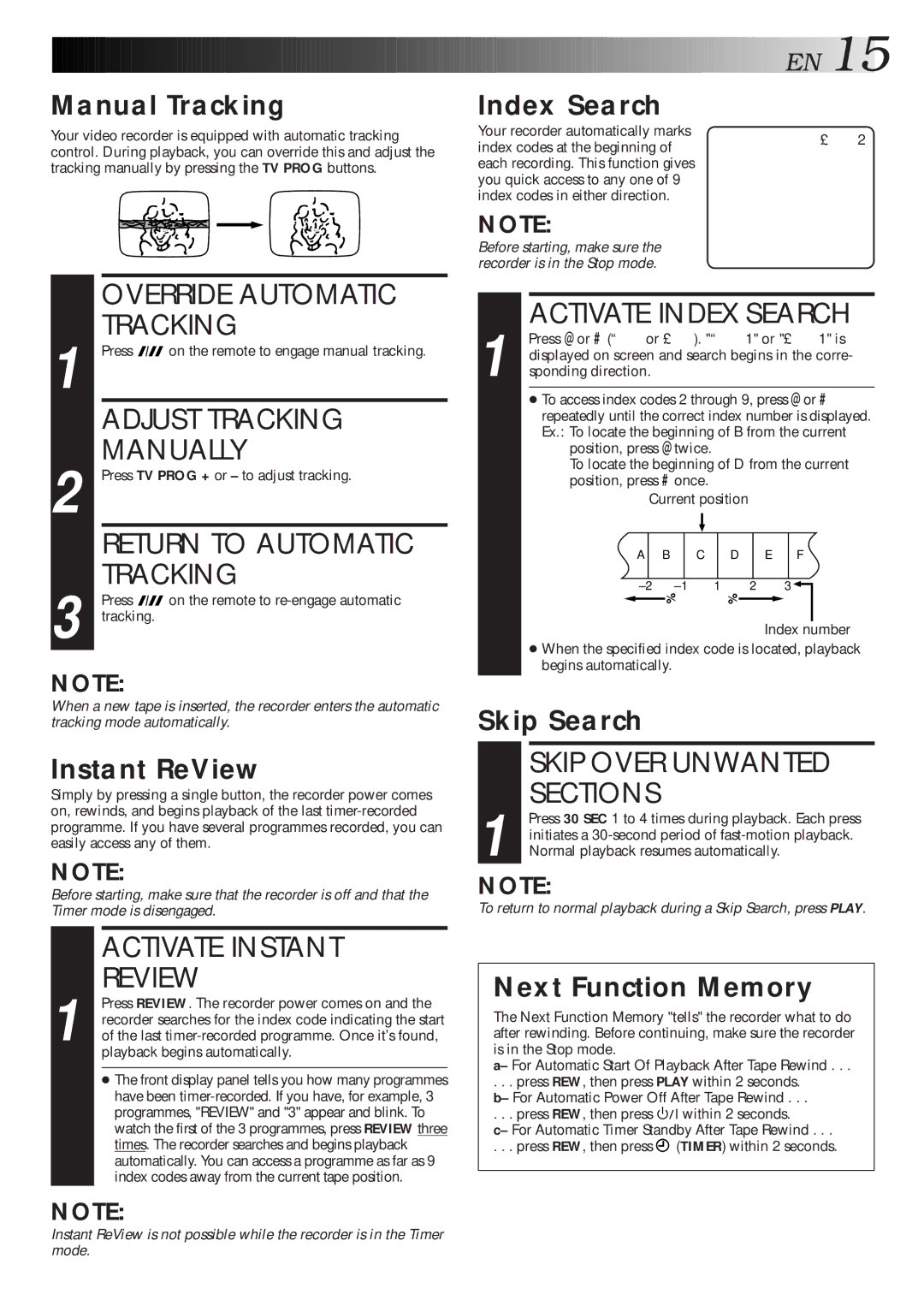 JVC HR-J260EU Override Automatic Tracking, Adjust Tracking, Manually, Return to Automatic, Activate Instant Review 