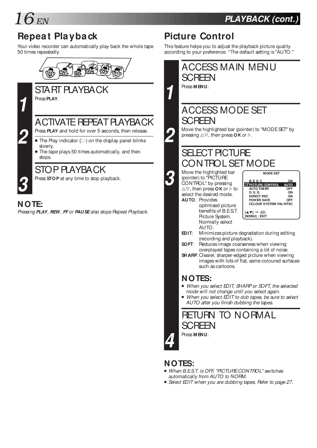 JVC HR-J260EU specifications Access Mode SET Screen, Select Picture Control SET Mode, EN Playback, Repeat Playback 