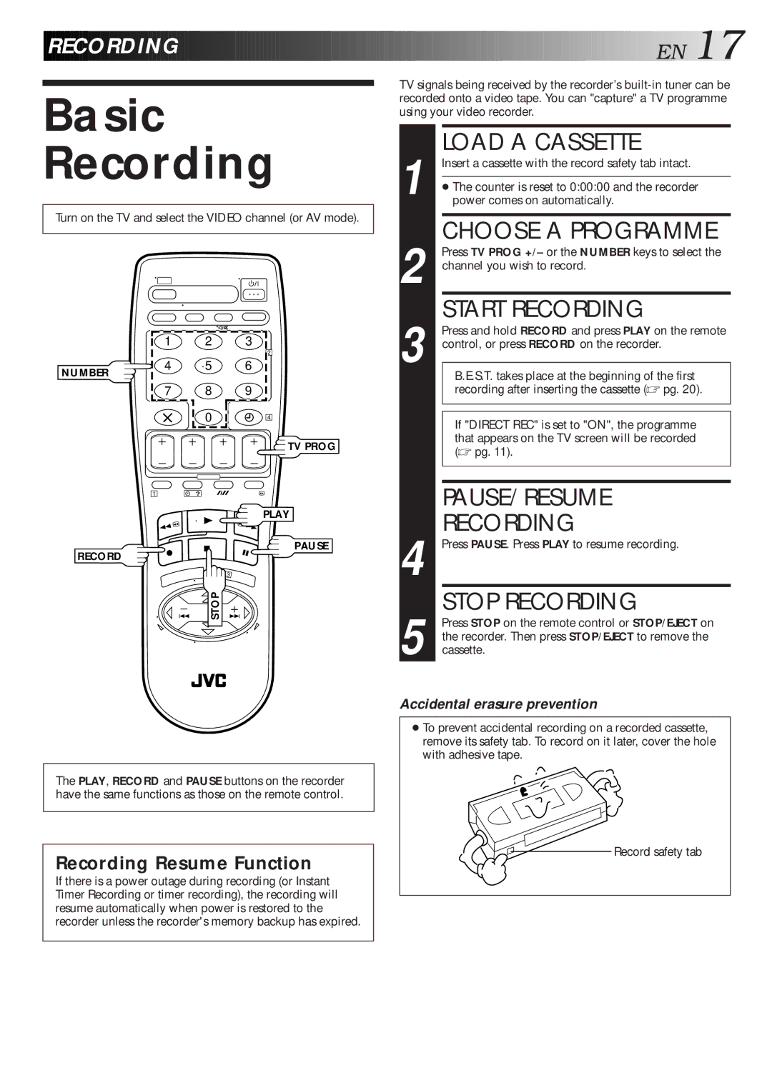 JVC HR-J260EU specifications Basic Recording 