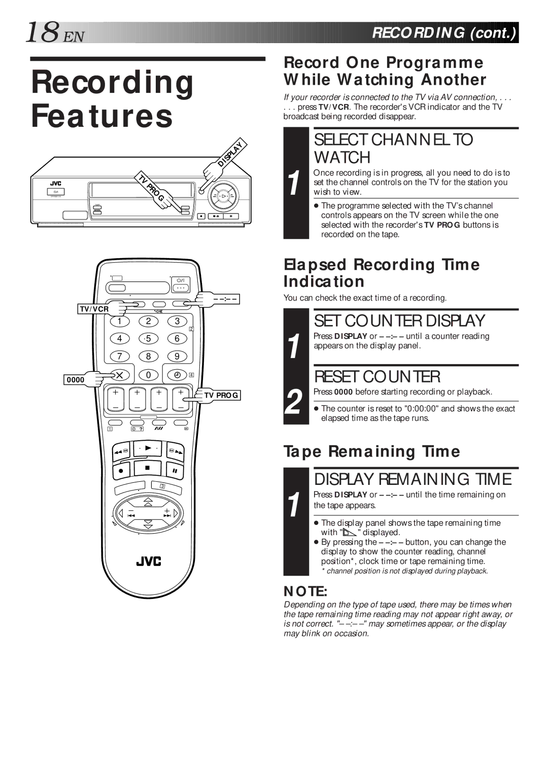 JVC HR-J260EU Recording Features, Select Channel to Watch, SET Counter Display, Reset Counter, Display Remaining Time 