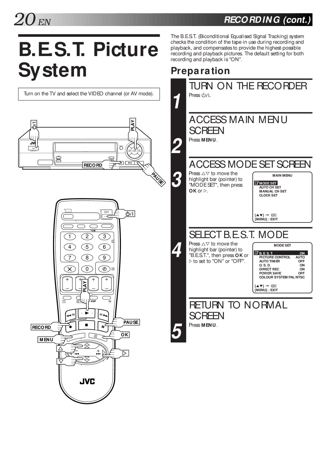 JVC HR-J260EU S.T. Picture System, EN Recording, Preparation, Highlight bar pointer to S.T., then press OK or 