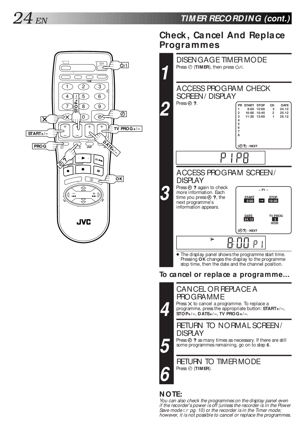 JVC HR-J260EU specifications EN Timer Recording, Check, Cancel And Replace Programmes, Access Program SCREEN/ Display 