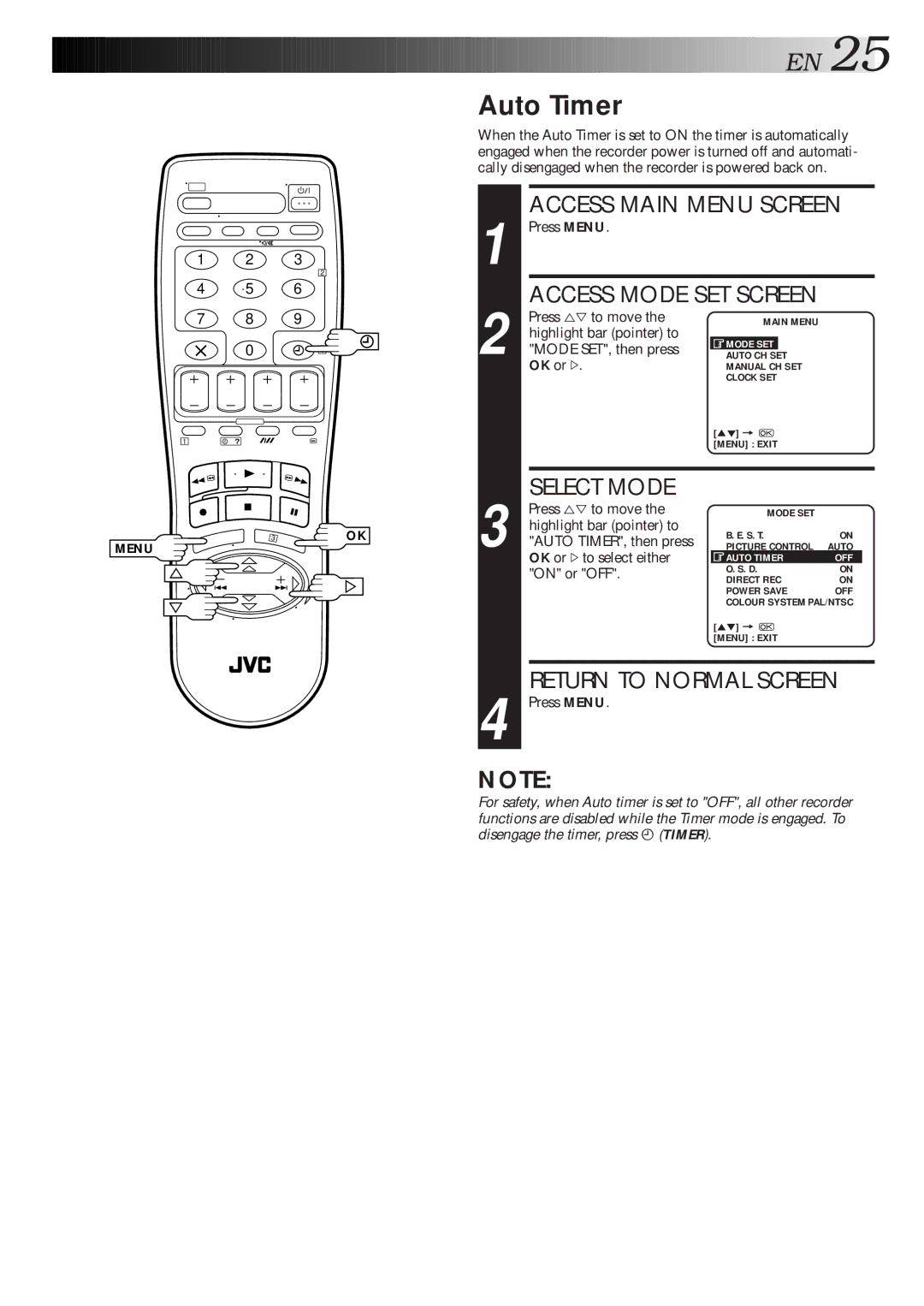 JVC HR-J260EU Auto Timer, Access Main Menu Screen, Auto TIMER, then press, OK or #to select either, On or OFF 