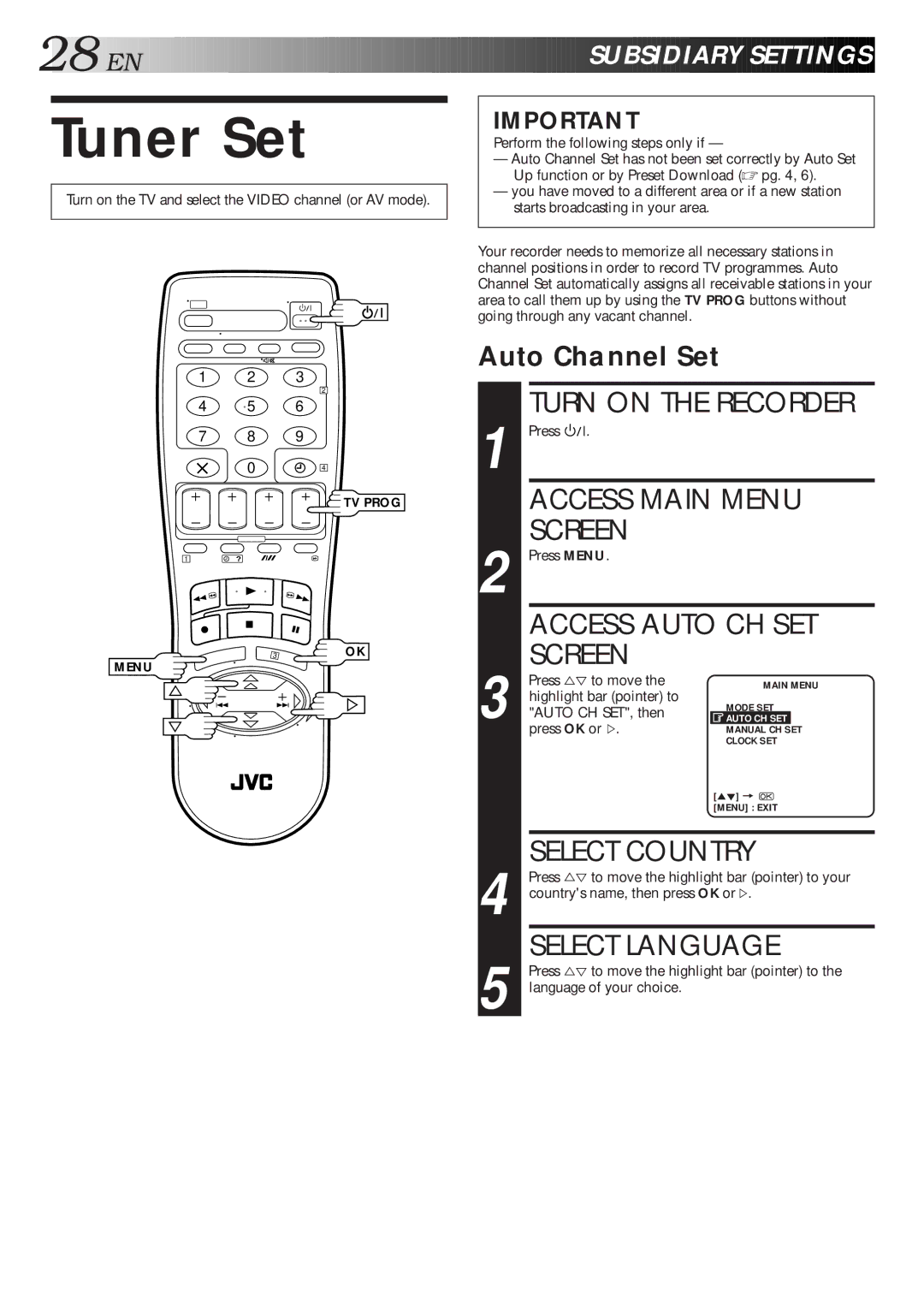 JVC HR-J260EU specifications Tuner Set, Access Auto CH SET, EN Subsi Diary Sett Ings, Auto Channel Set 