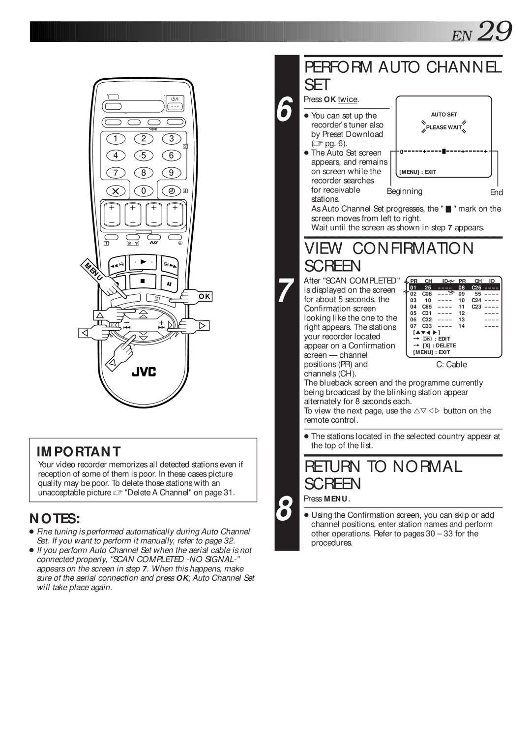 JVC HR-J260EU specifications Perform Auto Channel SET, View Confirmation Screen 