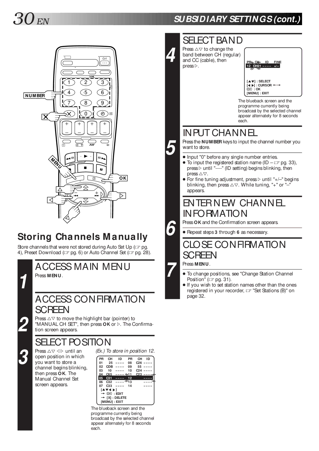 JVC HR-J260EU specifications EN SU Bsidiary Settings, Storing Channels Manually 