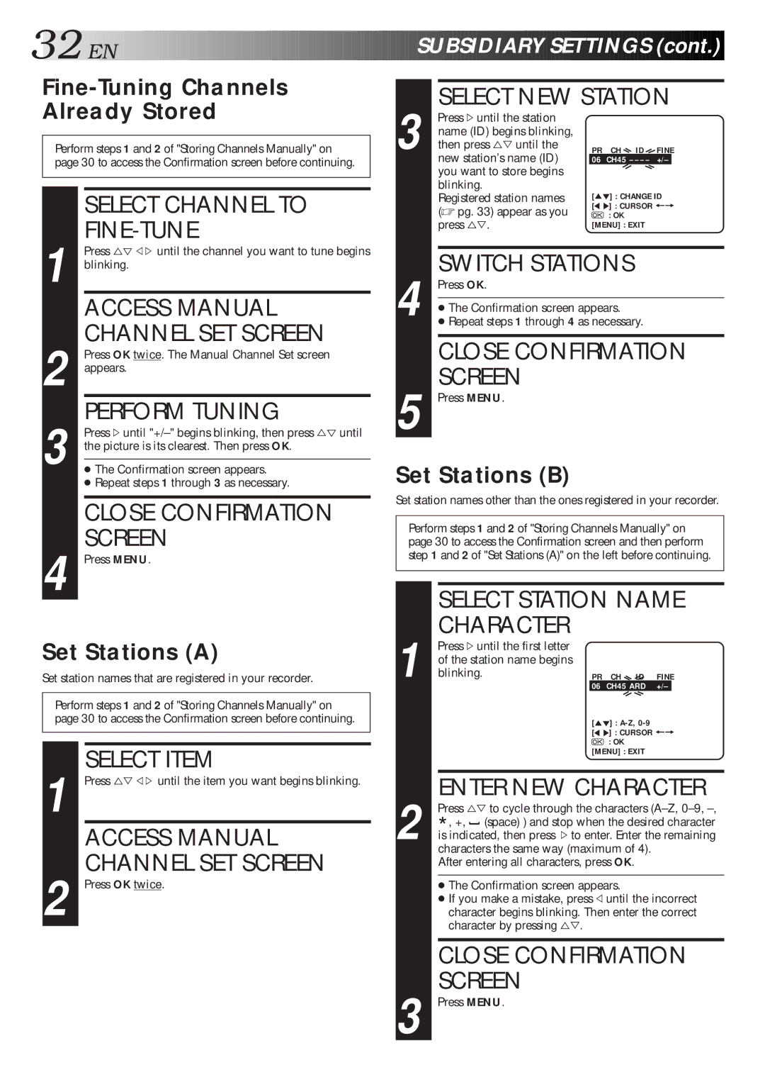 JVC HR-J260EU Select Channel to FINE-TUNE, Access Manual Channel SET Screen, Perform Tuning, Select Item, Switch Stations 