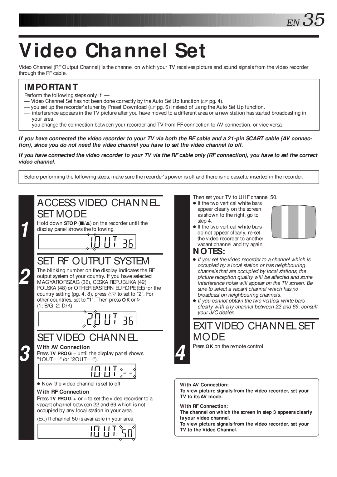 JVC HR-J260EU specifications Video Channel Set, Access Video Channel SET Mode, SET RF Output System, SET Video Channel 