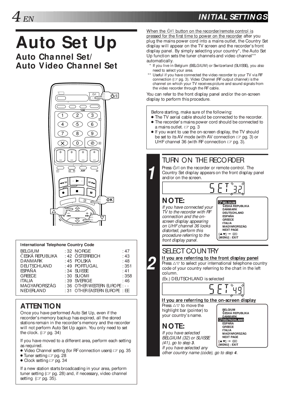 JVC HR-J260EU Auto Set Up, EN Initial Settings, Auto Channel Set/ Auto Video Channel Set, Turn on the Recorder 