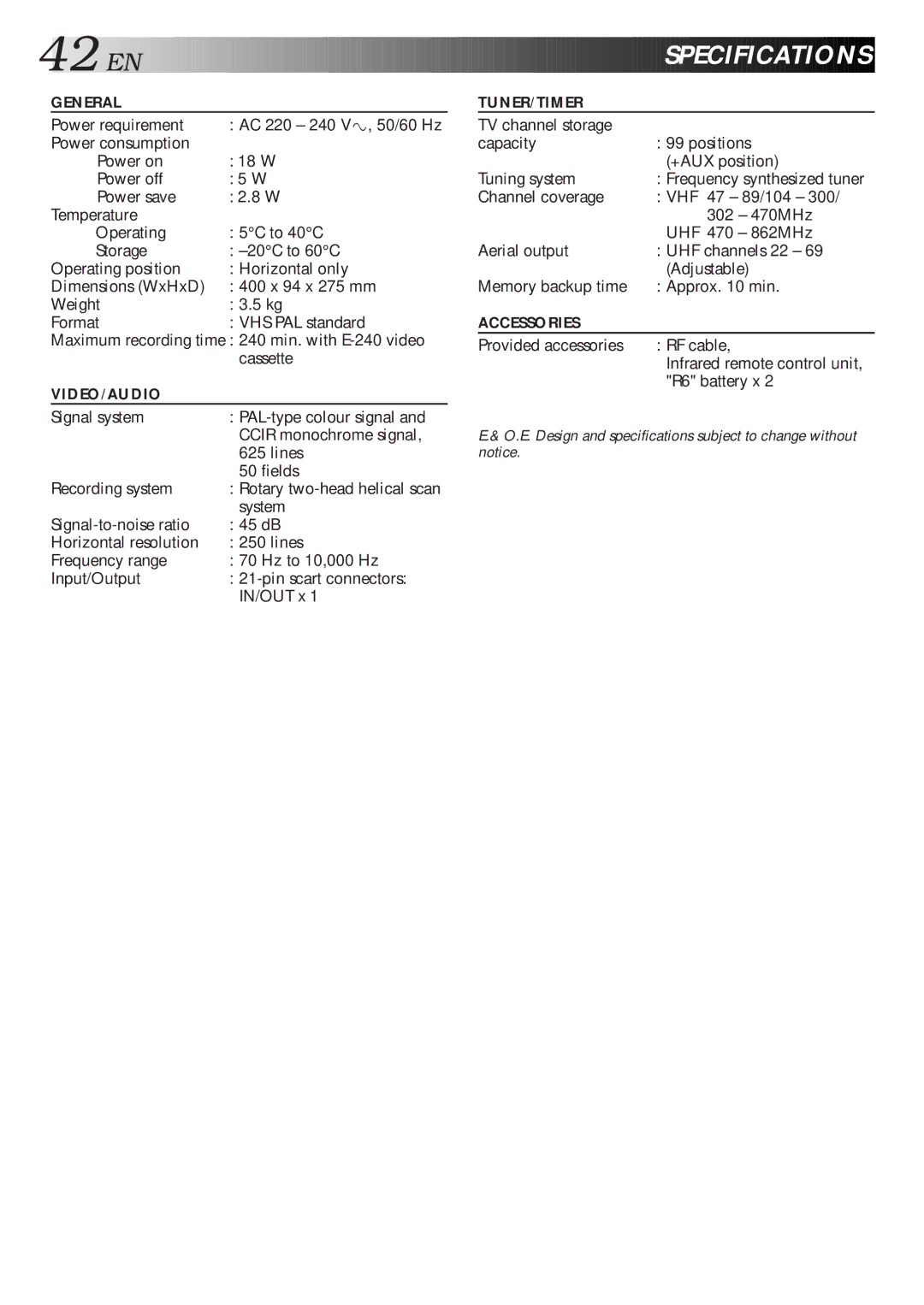 JVC HR-J260EU specifications EN Specifications, Rotary two-head helical scan 