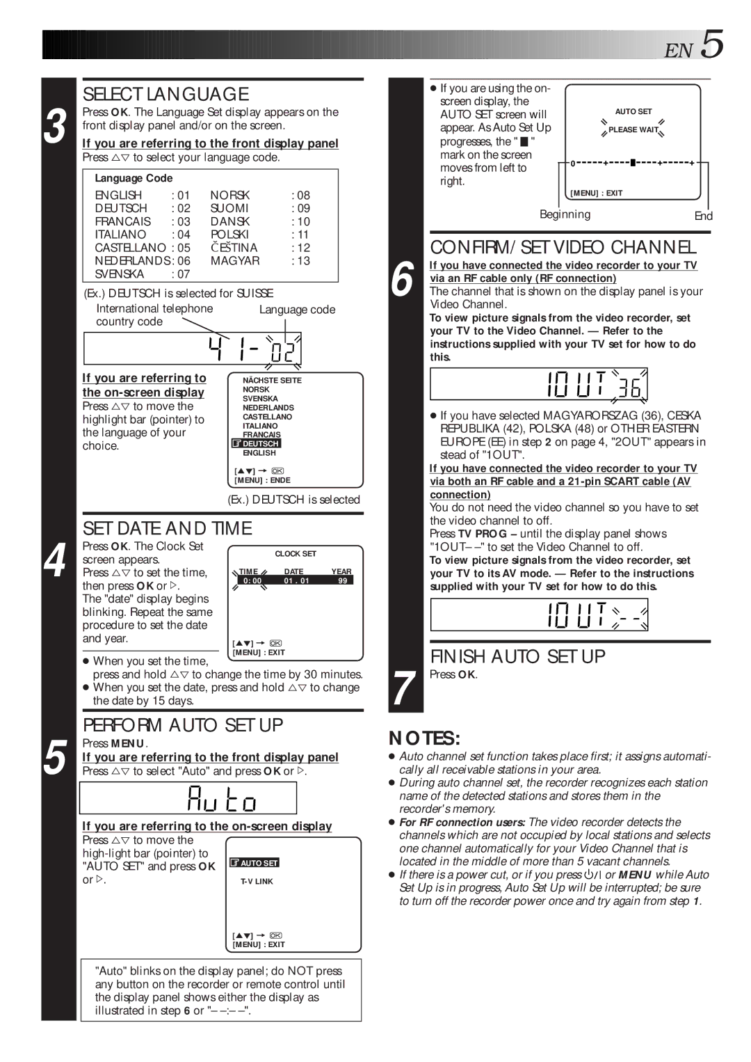 JVC HR-J260EU specifications Select Language, SET Date and Time, Perform Auto SET UP, Finish Auto SET UP 