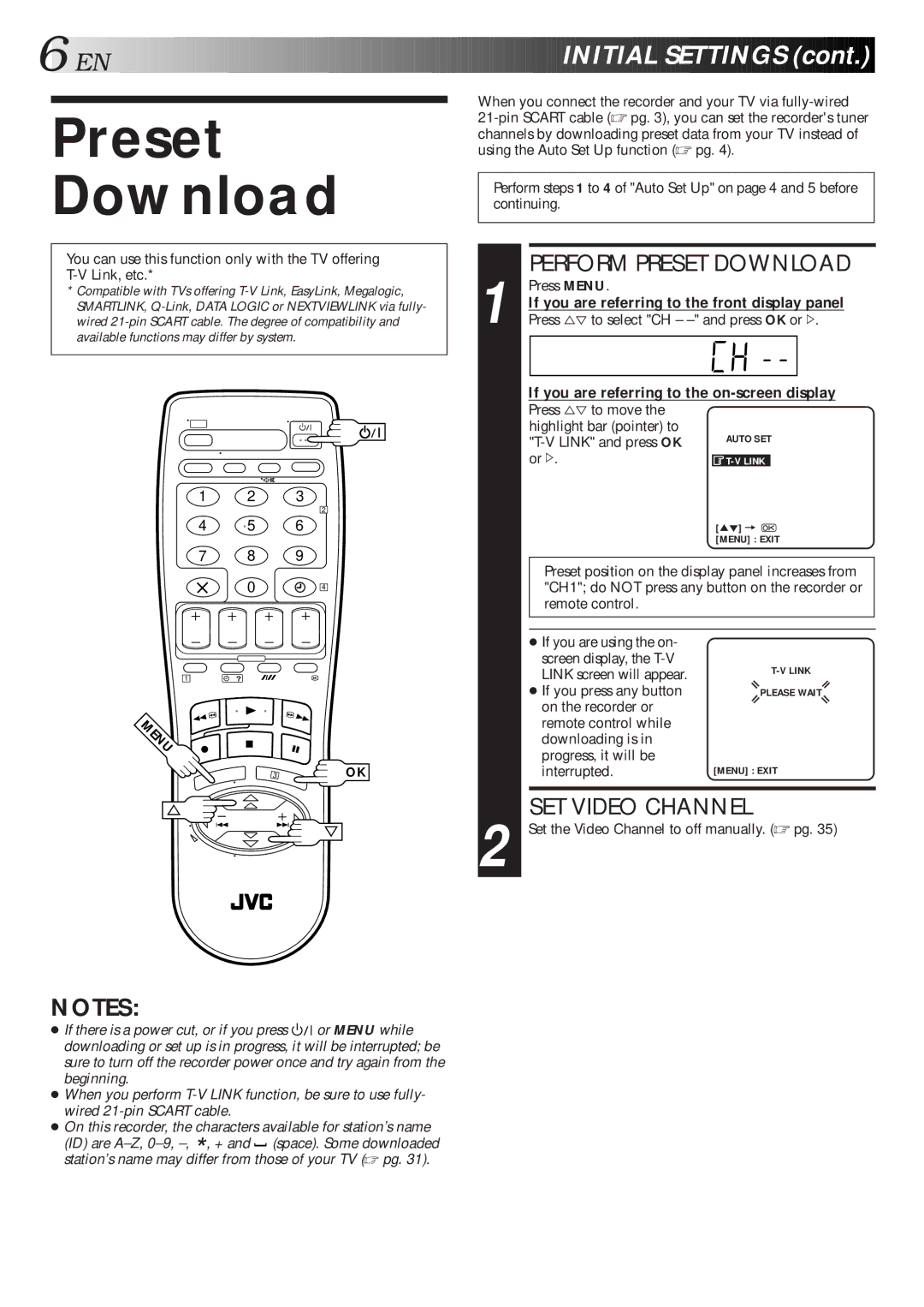 JVC HR-J260EU specifications Perform Preset Download, SET Video Channel 