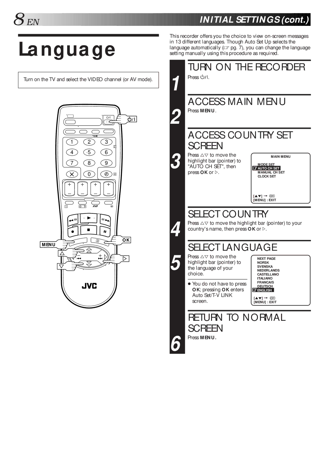 JVC HR-J260EU specifications Language 