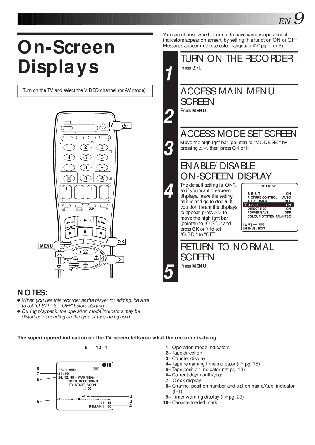 JVC HR-J260EU On-Screen Displays, Access Main Menu Screen, ENABLE/DISABLE ON-SCREEN Display, Return to Normal Screen 