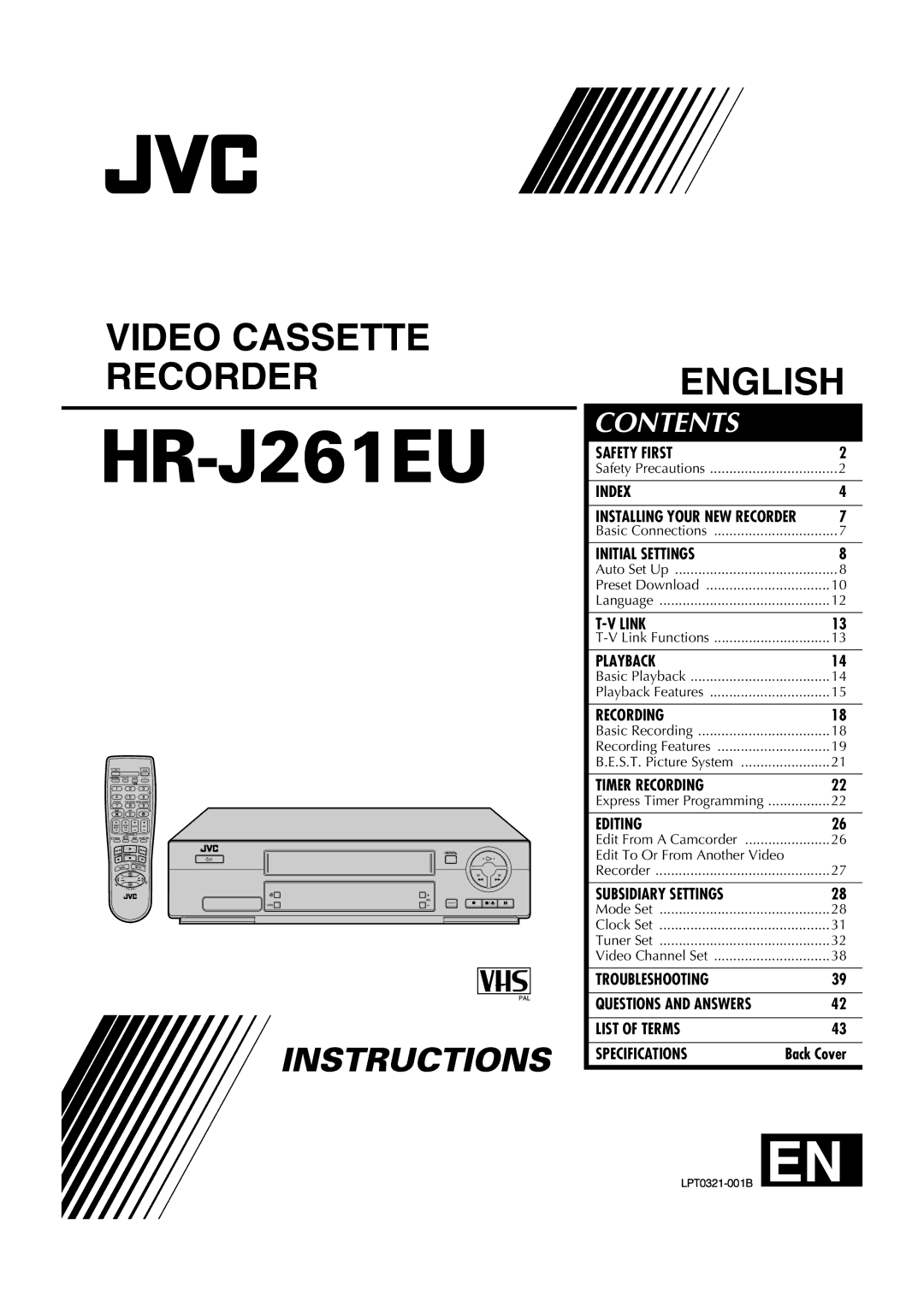 JVC HR-J261EU specifications Video Cassette Recorder English 