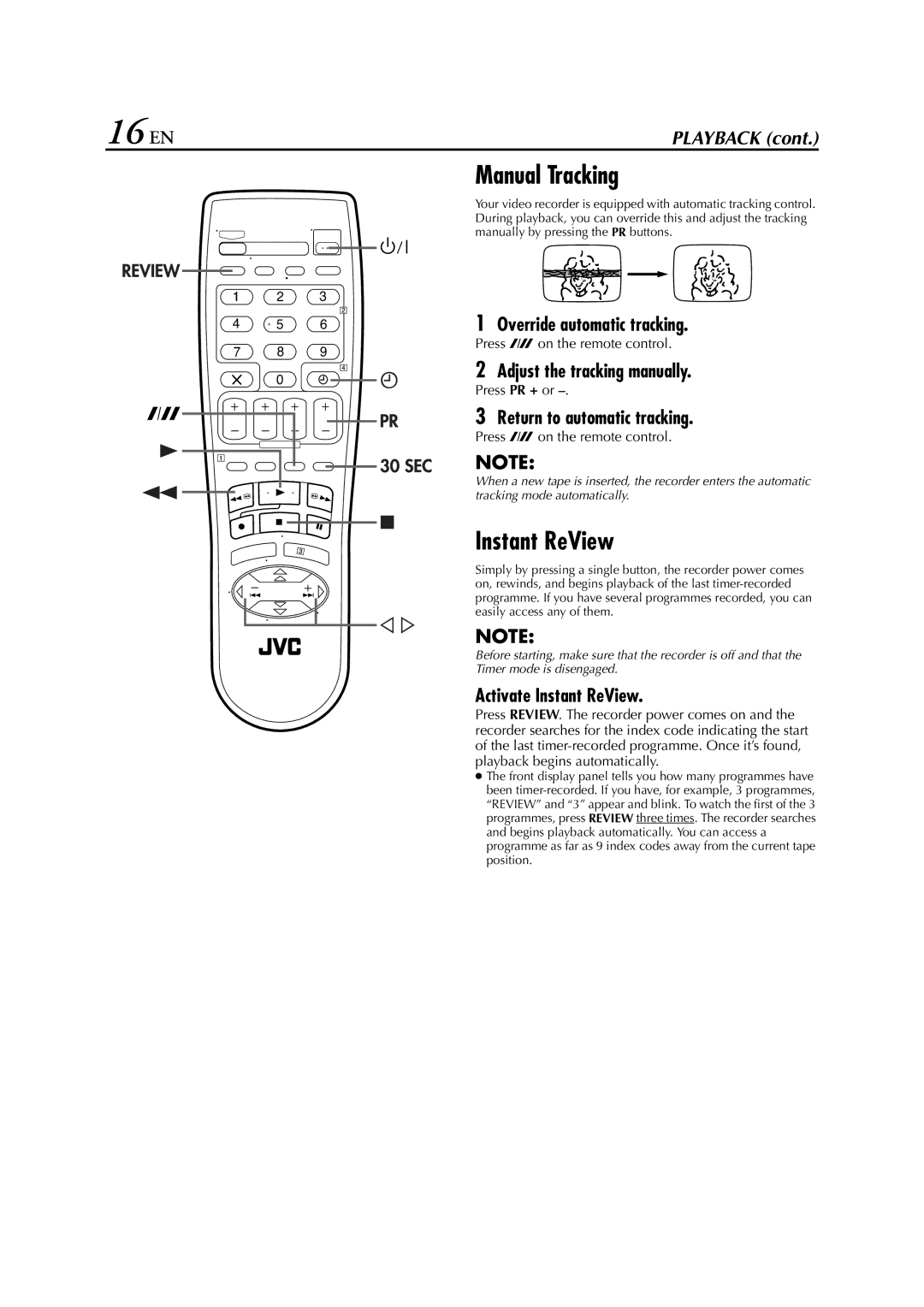 JVC HR-J261EU specifications 16 EN, Manual Tracking, Instant ReView 