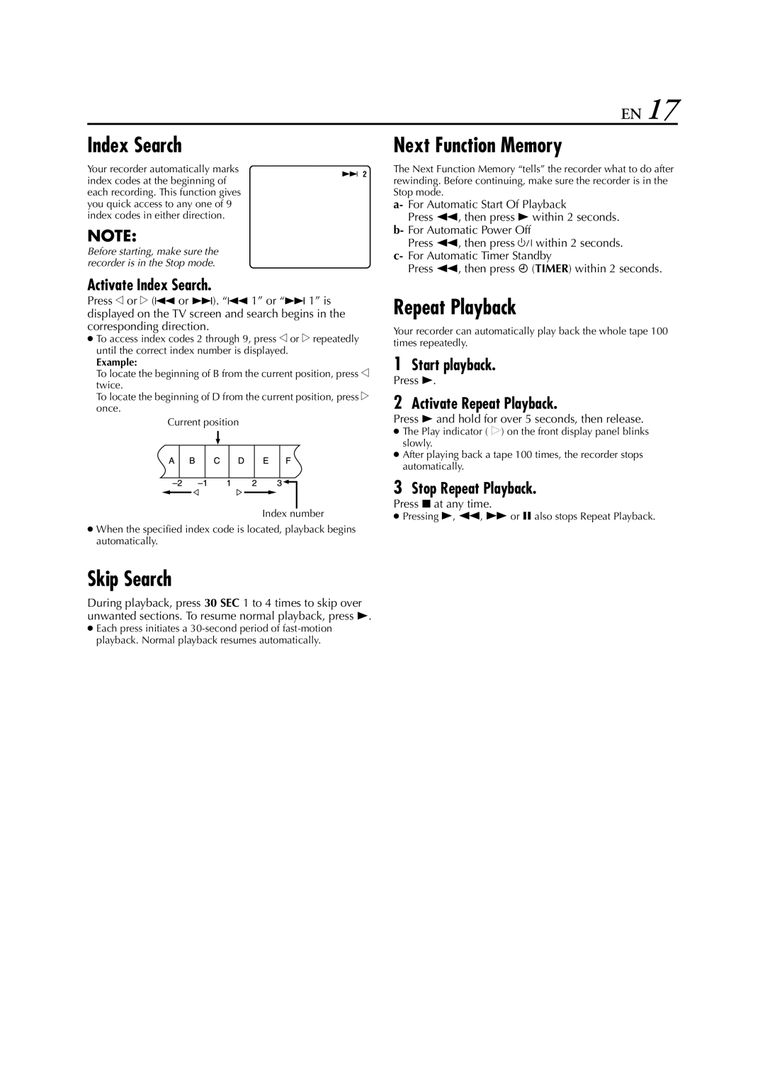 JVC HR-J261EU specifications Index Search, Skip Search, Next Function Memory, Repeat Playback 