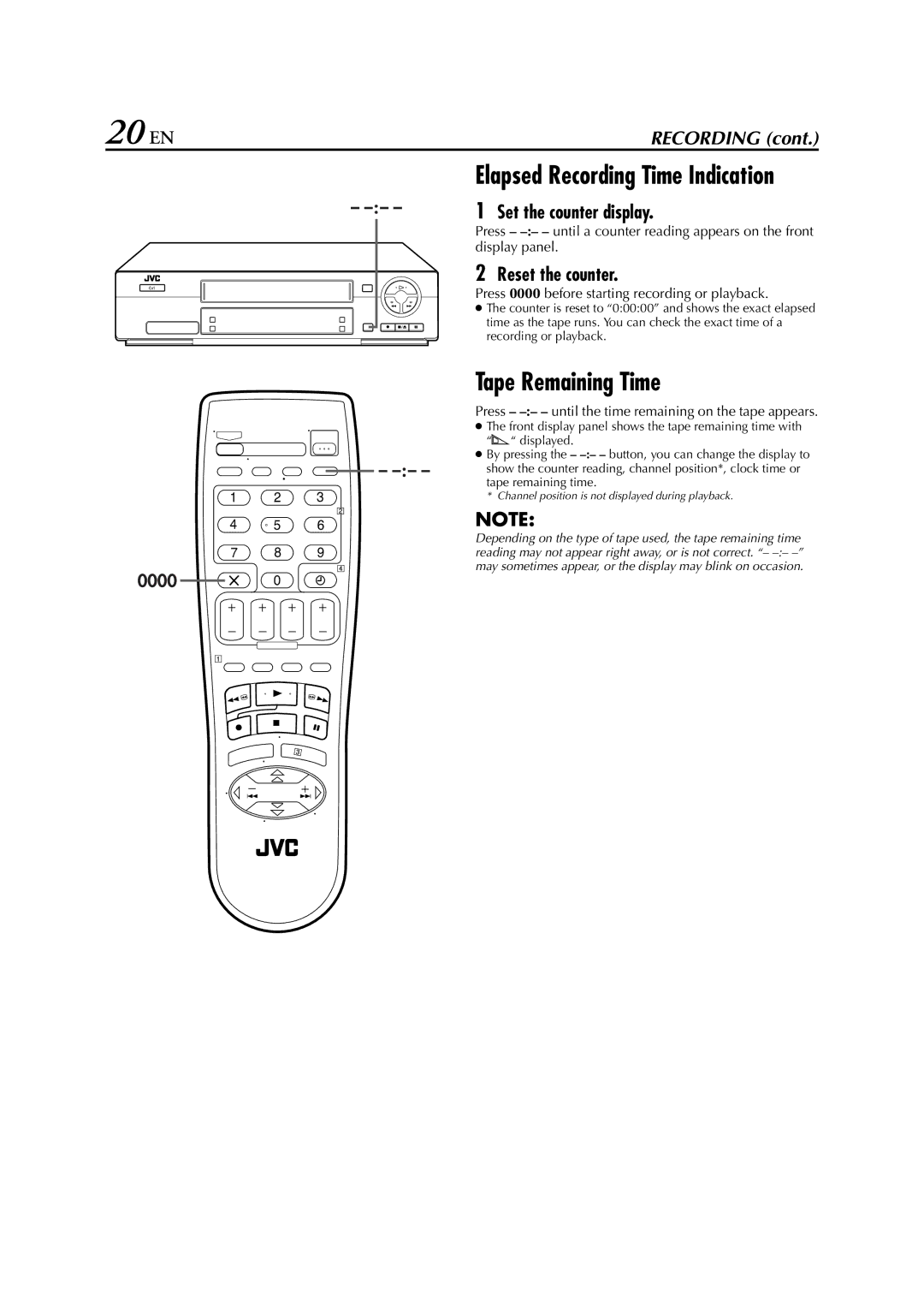 JVC HR-J261EU 20 EN, Tape Remaining Time, Reset the counter, Press 0000 before starting recording or playback 