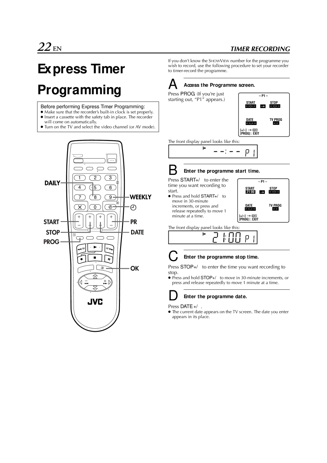 JVC HR-J261EU specifications Express Timer Programming, 22 EN 