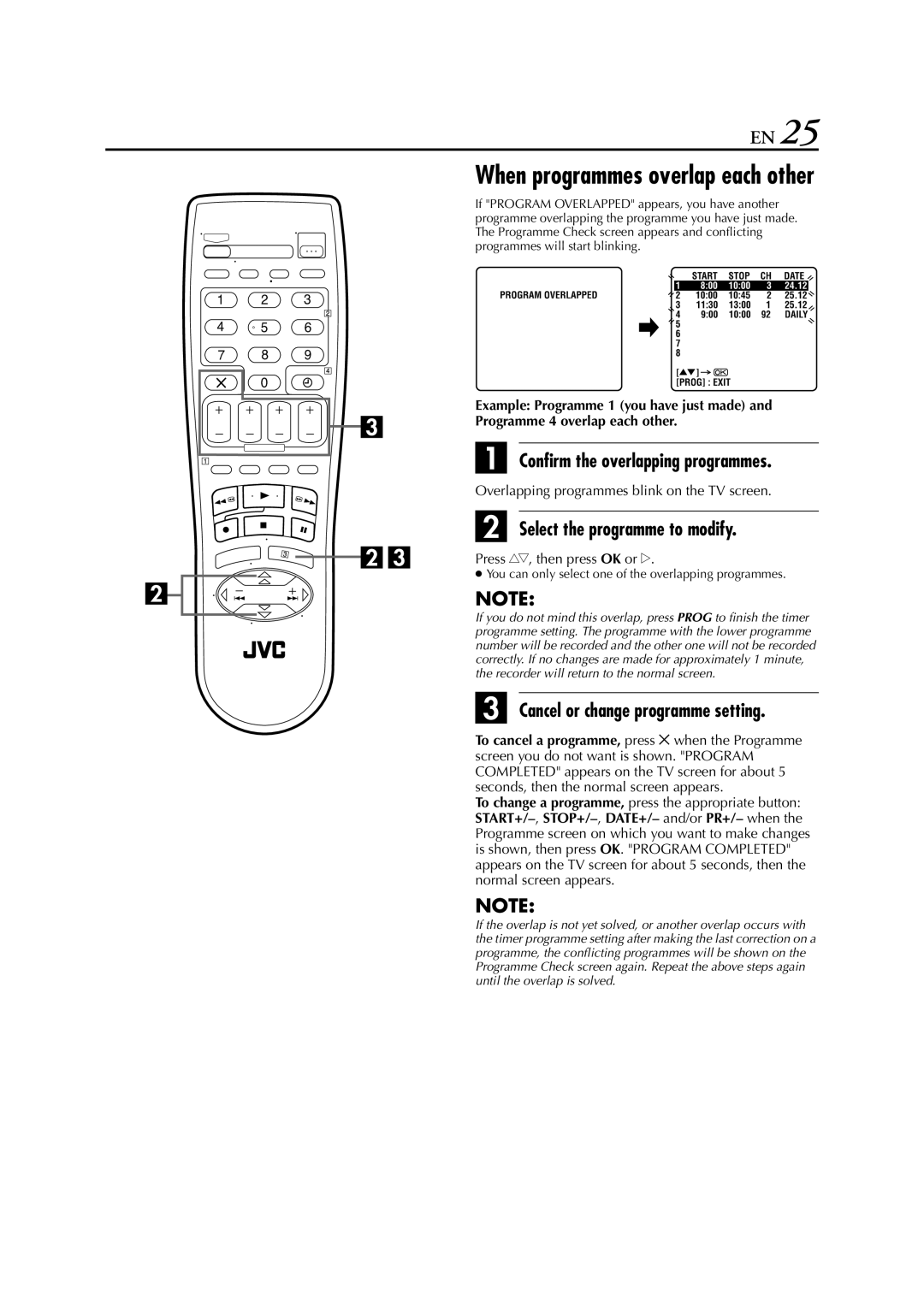 JVC HR-J261EU Confirm the overlapping programmes, Select the programme to modify, Cancel or change programme setting 