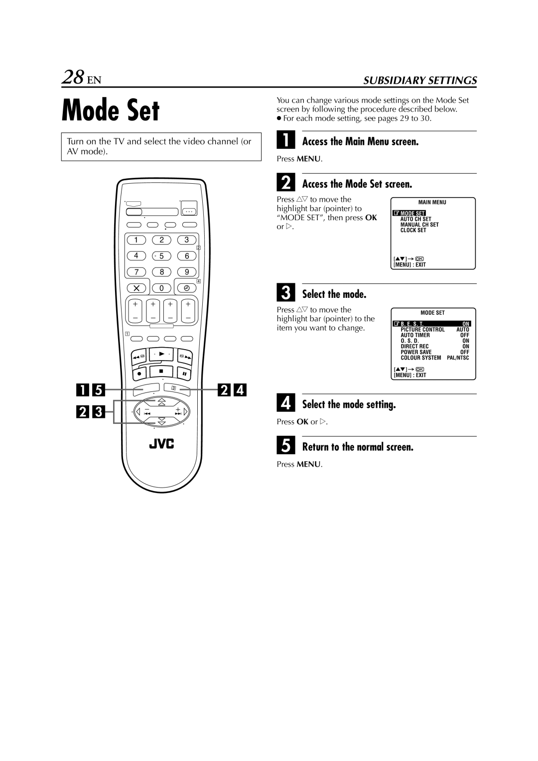 JVC HR-J261EU specifications 28 EN, Access the Mode Set screen, Select the mode setting 