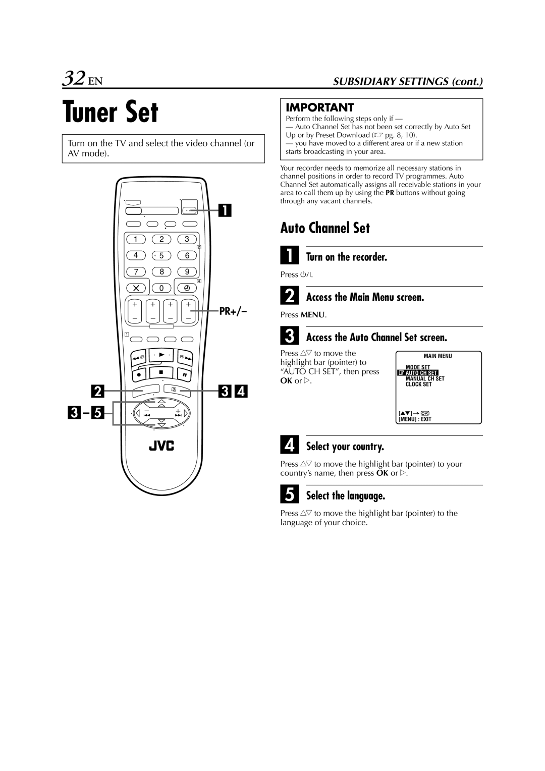 JVC HR-J261EU specifications Tuner Set, 32 EN, Access the Auto Channel Set screen 