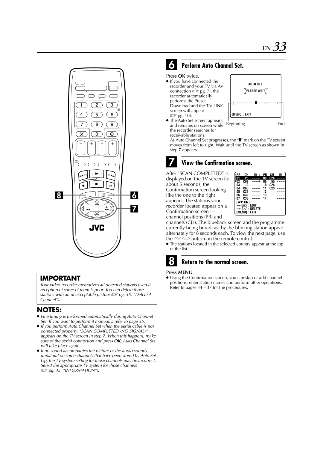 JVC HR-J261EU specifications Perform Auto Channel Set, View the Confirmation screen, Press OK twice 