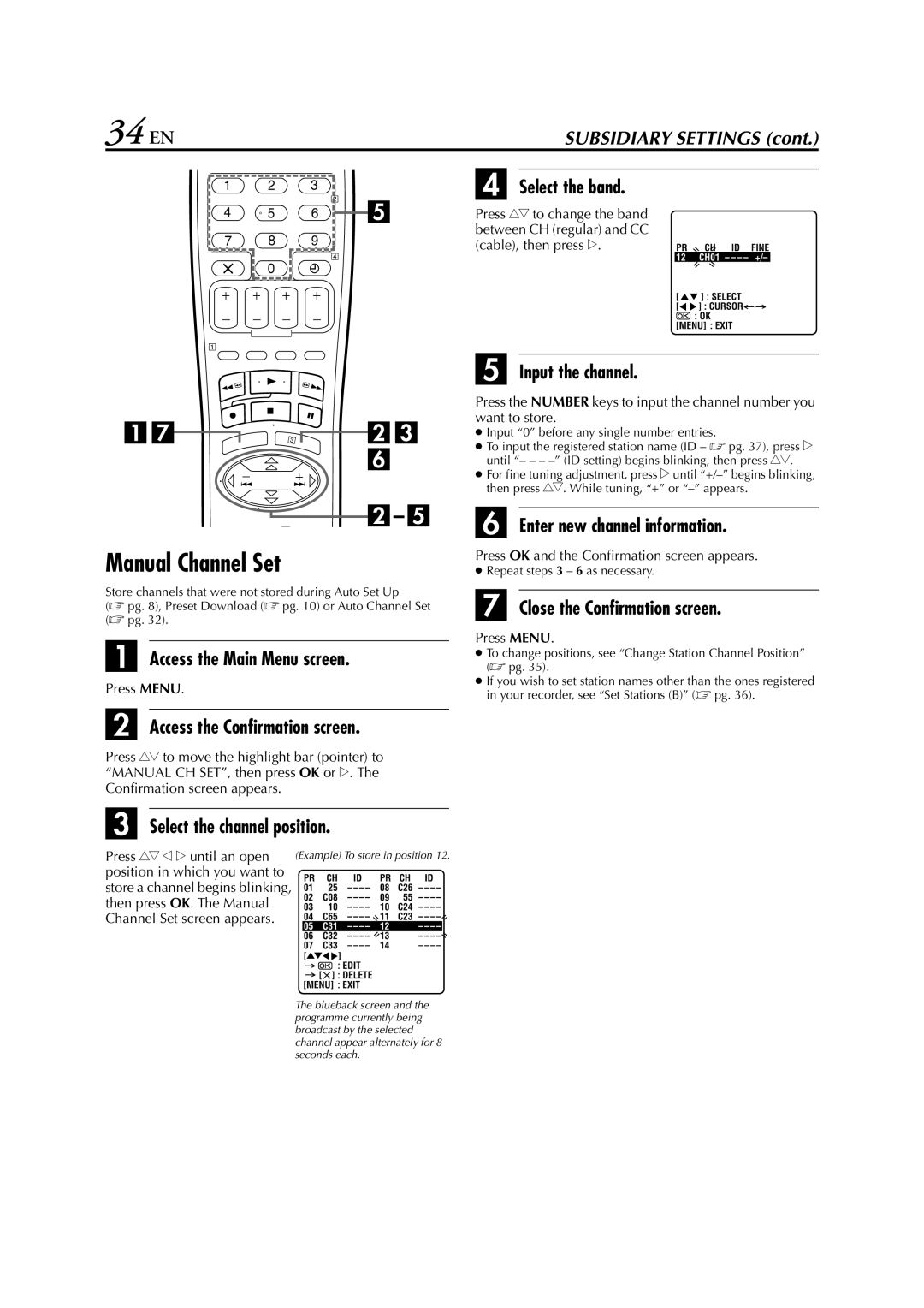 JVC HR-J261EU specifications 34 EN, Manual Channel Set 