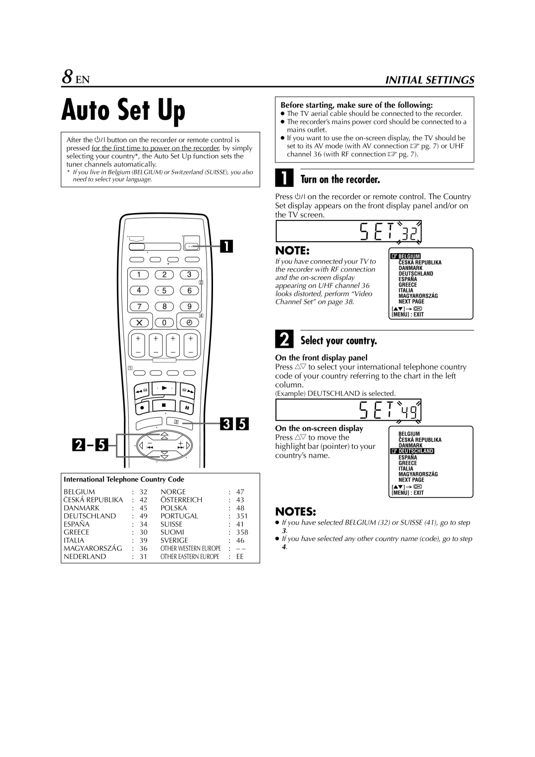 JVC HR-J261EU specifications Auto Set Up, Turn on the recorder, Select your country 