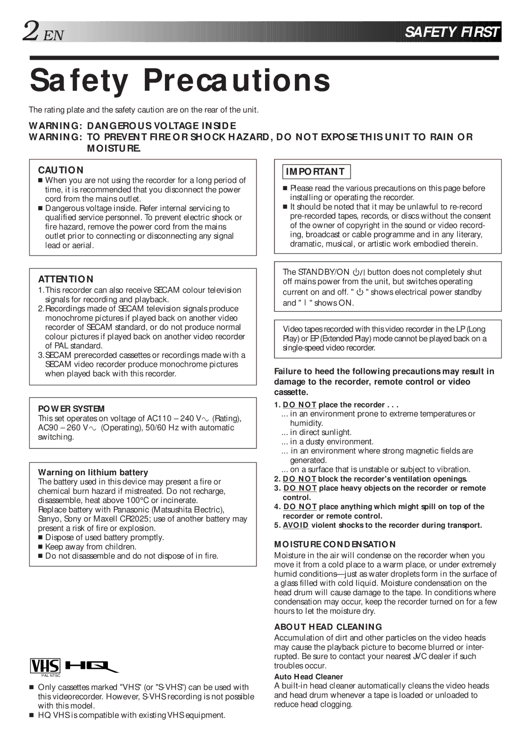 JVC HR-J267MS, HR-J261MS instruction manual Safety Precautions, Do not place the recorder, Auto Head Cleaner 