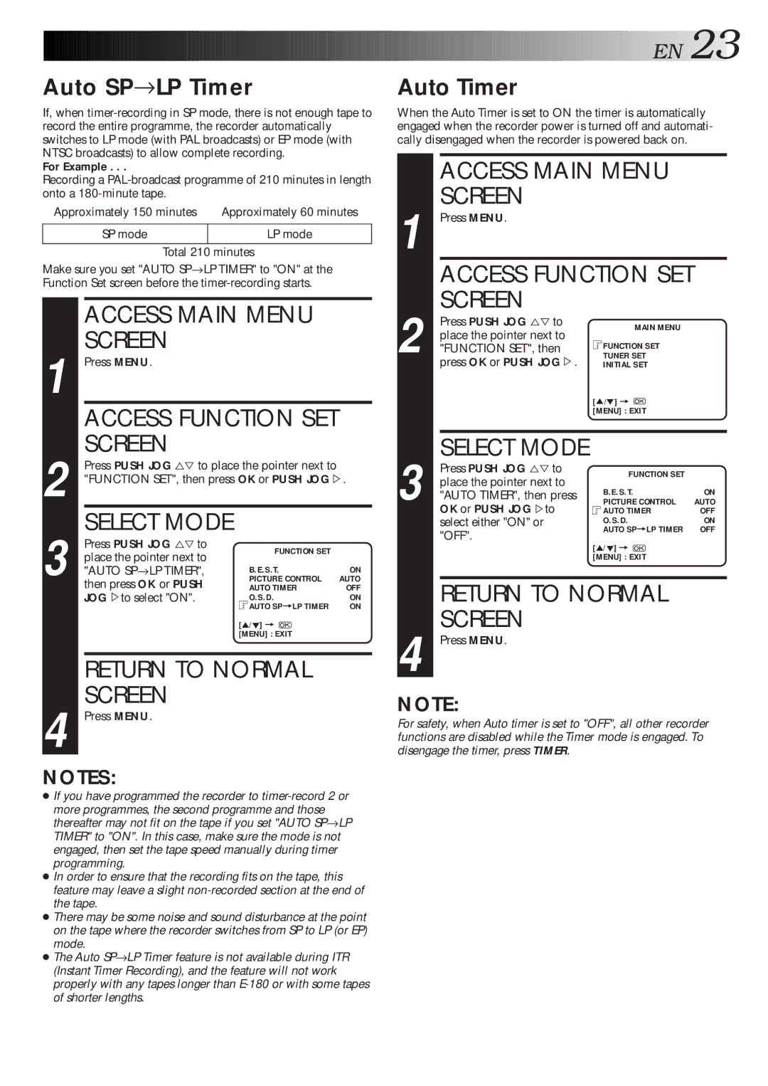 JVC HR-J261MS, HR-J267MS instruction manual Return to Normal Screen, Auto SP→LP Timer, Auto Timer 