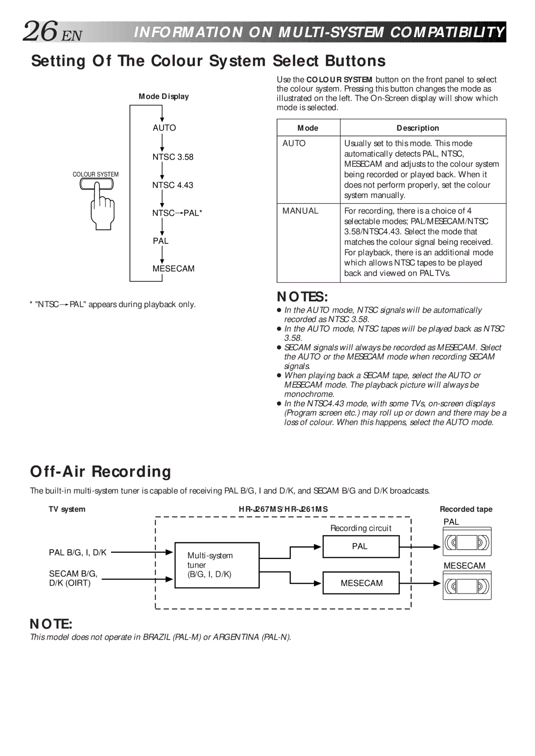 JVC HR-J267MS, HR-J261MS Setting Of The Colour System Select Buttons, Off-Air Recording, Mode Display, Mode Description 