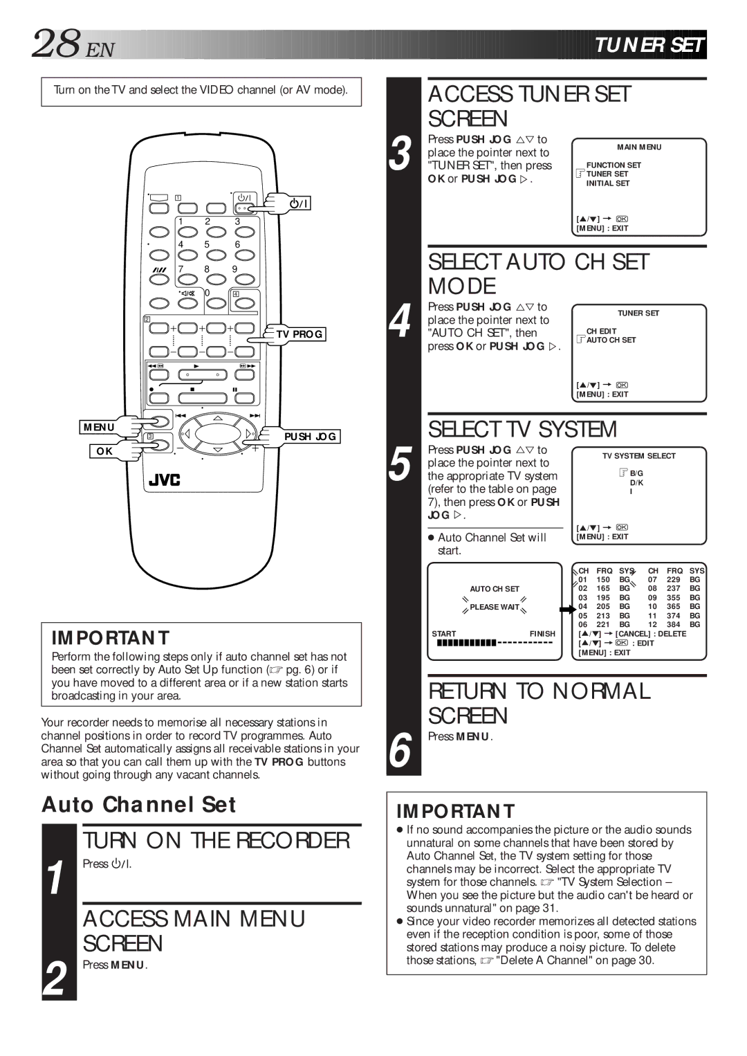 JVC HR-J267MS, HR-J261MS instruction manual Mode, Select TV System, Tuner SET, Auto Channel Set 