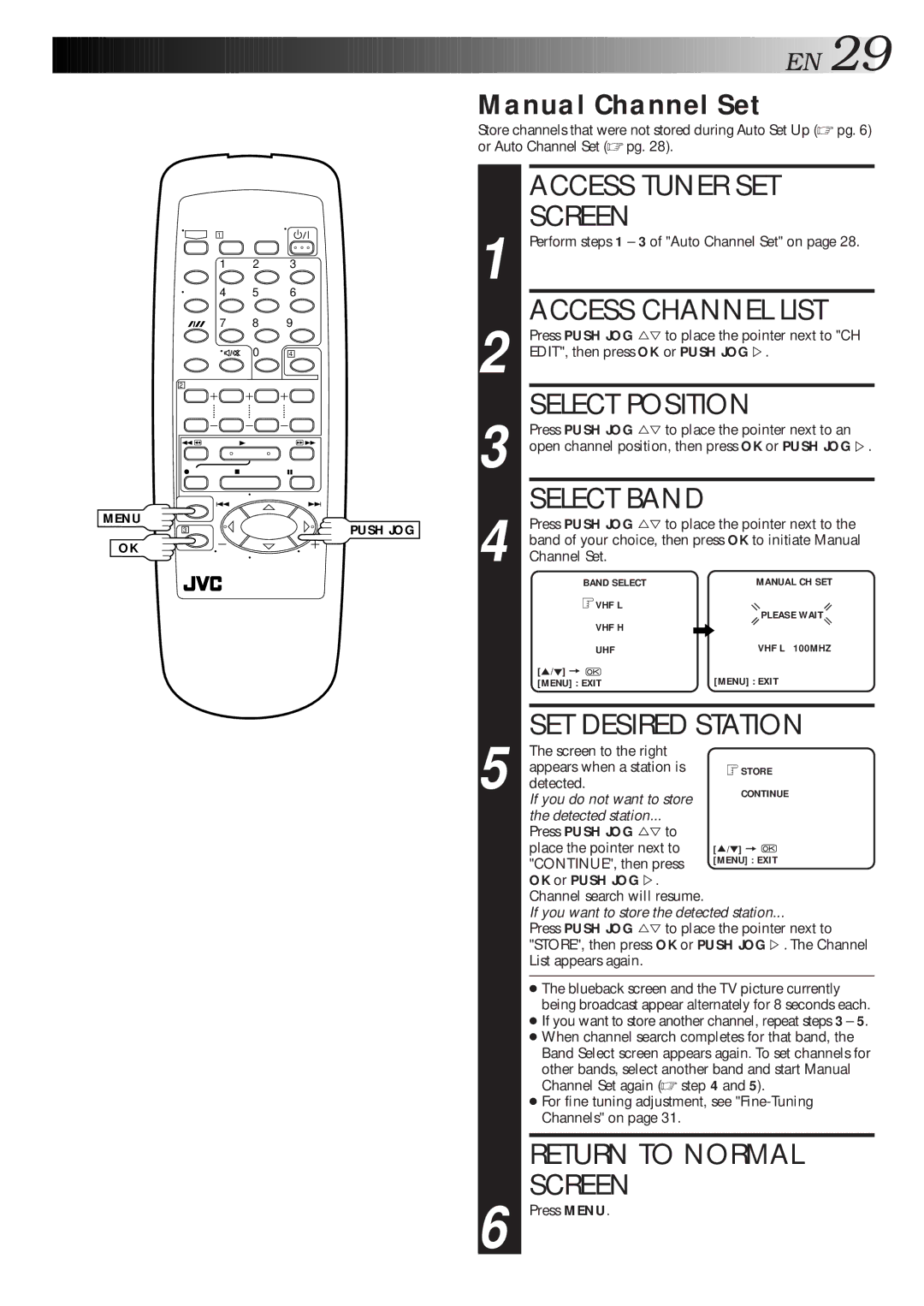 JVC HR-J261MS, HR-J267MS Access Tuner SET, Access Channel List, Select Position, SET Desired Station, Manual Channel Set 