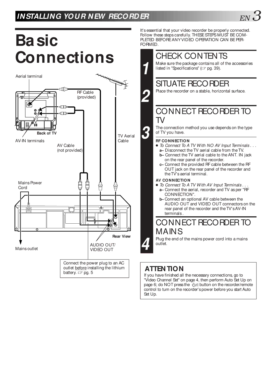 JVC HR-J261MS, HR-J267MS Basic Connections, Check Contents, Situate Recorder, Connect Recorder to Mains, Back of TV 