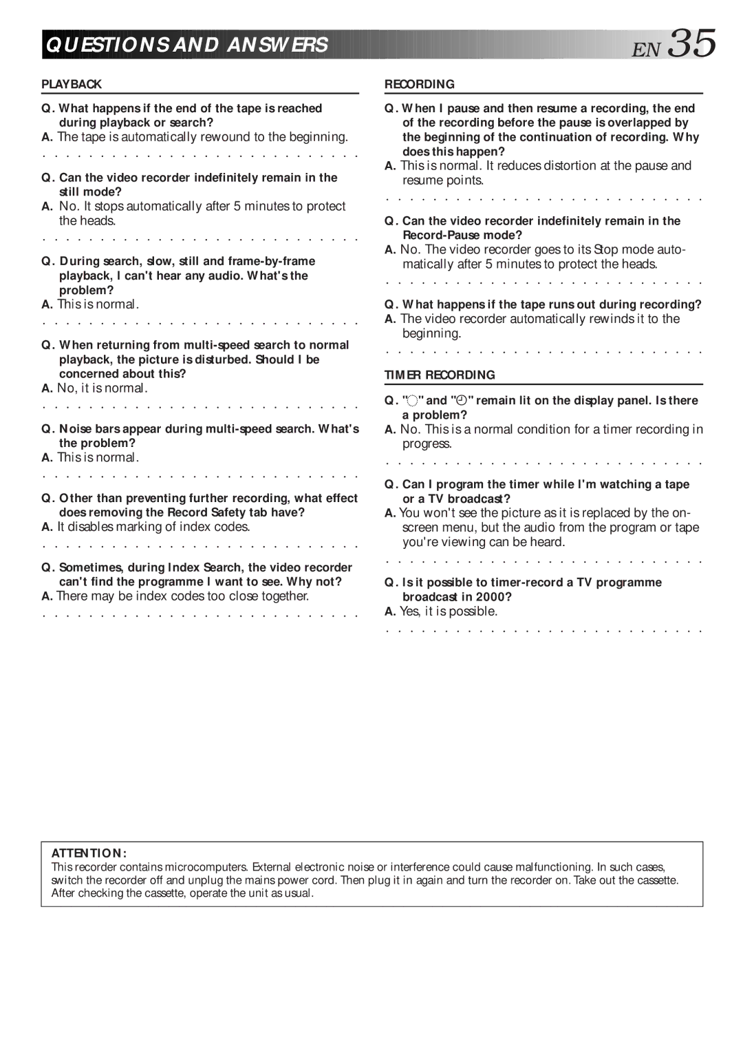 JVC HR-J261MS, HR-J267MS instruction manual Questions and Answer S E N, Playback Recording 