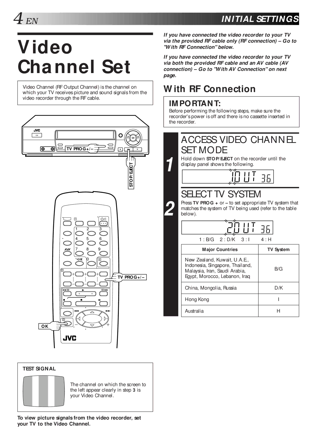 JVC HR-J267MS, HR-J261MS Video Channel Set, Access Video Channel SET Mode, Select TV System, EN I Nitial Sett Ings 