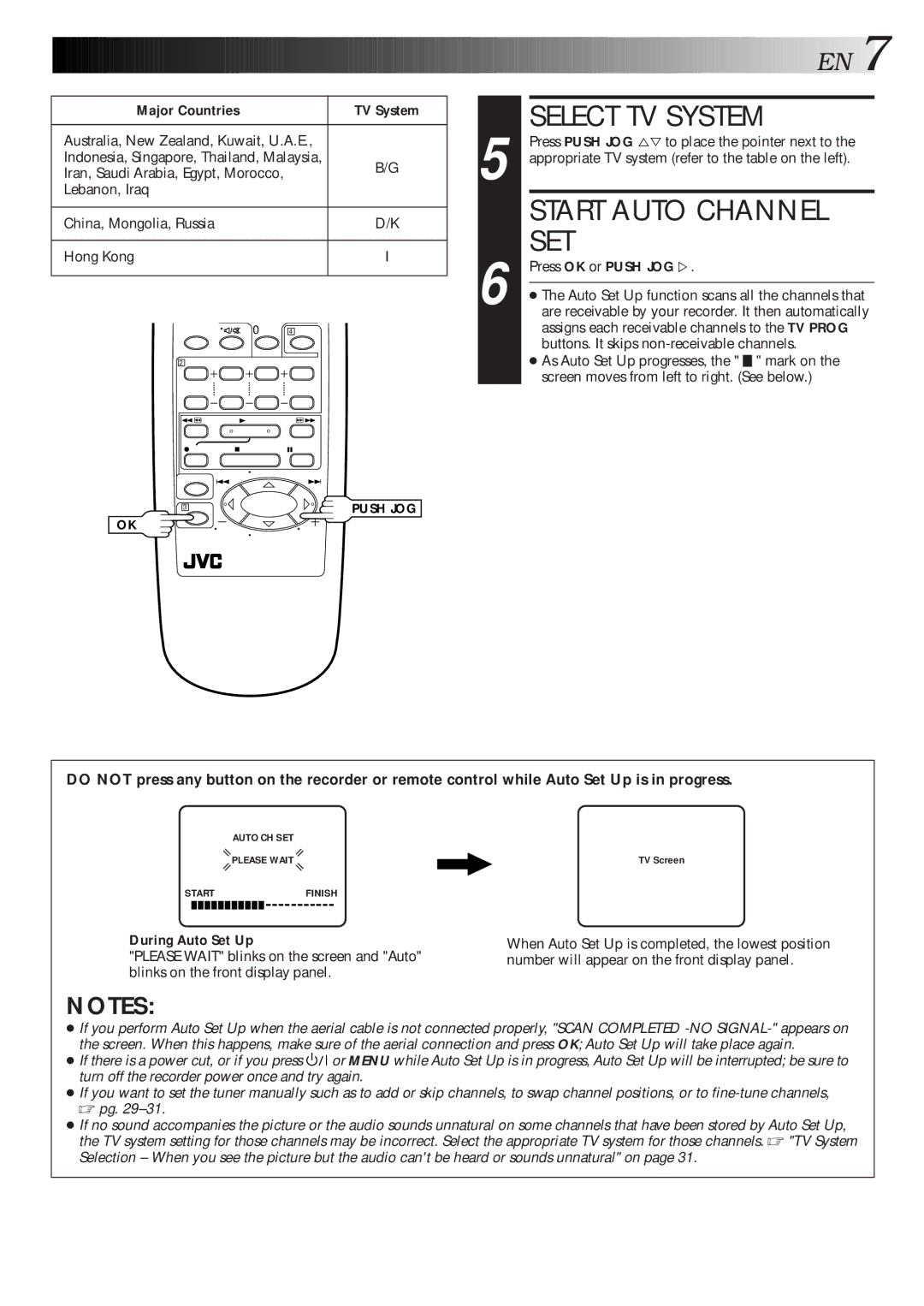 JVC HR-J261MS, HR-J267MS Start Auto Channel SET, Major Countries TV System, Press OK or Push JOG Þ, During Auto Set Up 