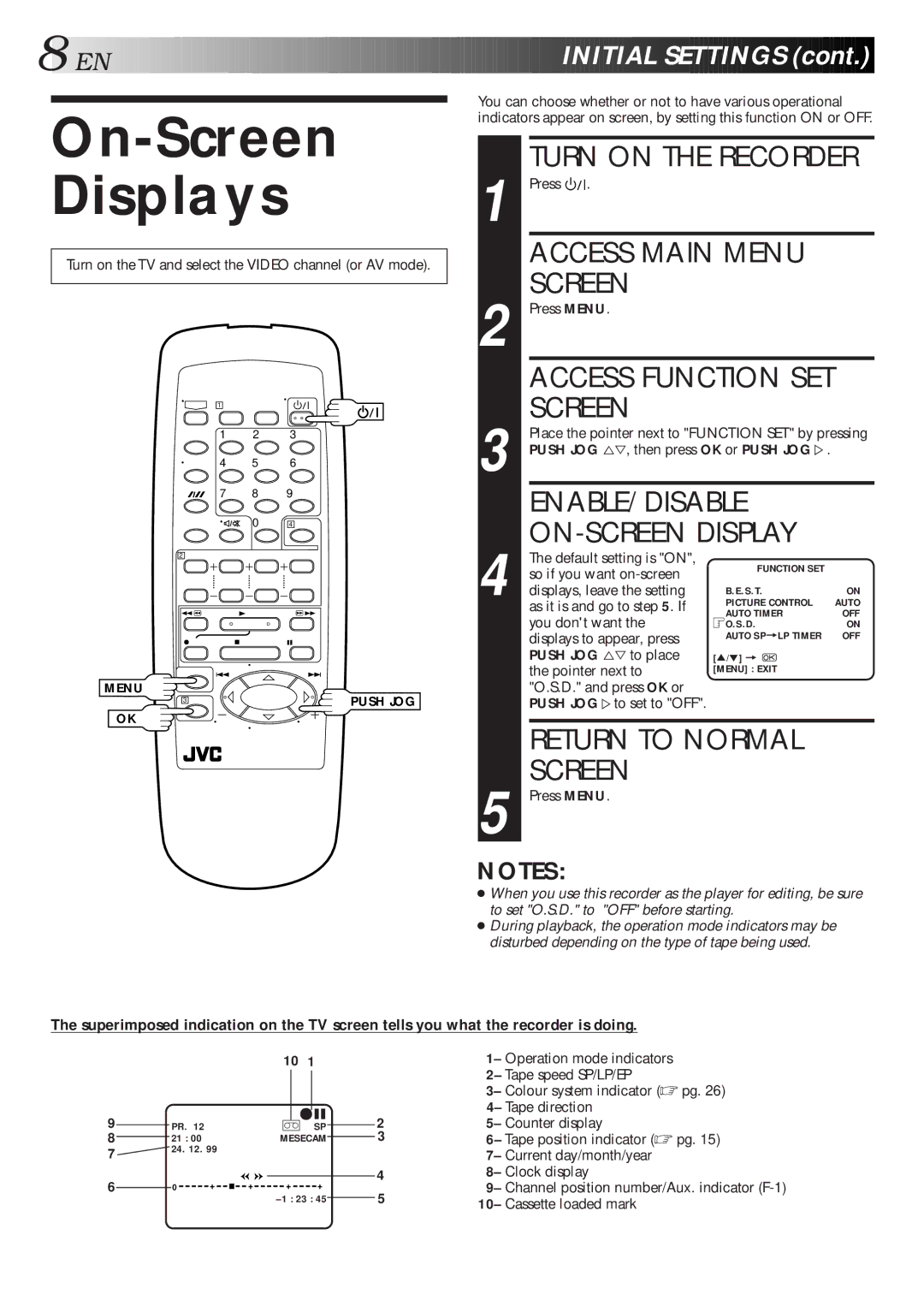 JVC HR-J267MS On-Screen Displays, Turn on the Recorder, Access Main Menu Screen, ENABLE/DISABLE ON-SCREEN Display 