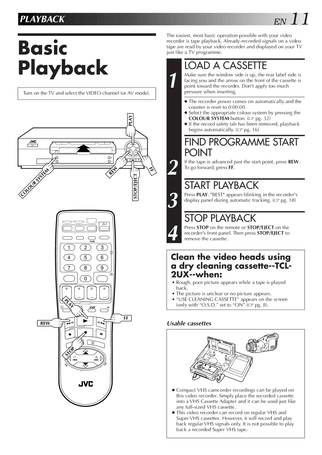 JVC LPT0421-001B, HR-J277MS, HR-J271MS specifications Basic Playback, Load a Cassette, Point, Start Playback, Stop Playback 