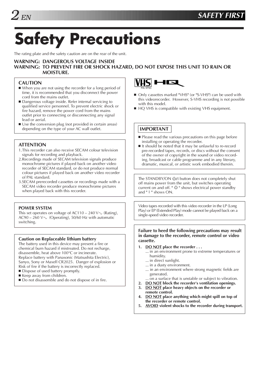 JVC LPT0421-001B, HR-J277MS, HR-J271MS specifications Safety Precautions, Safety First, Do not place the recorder 