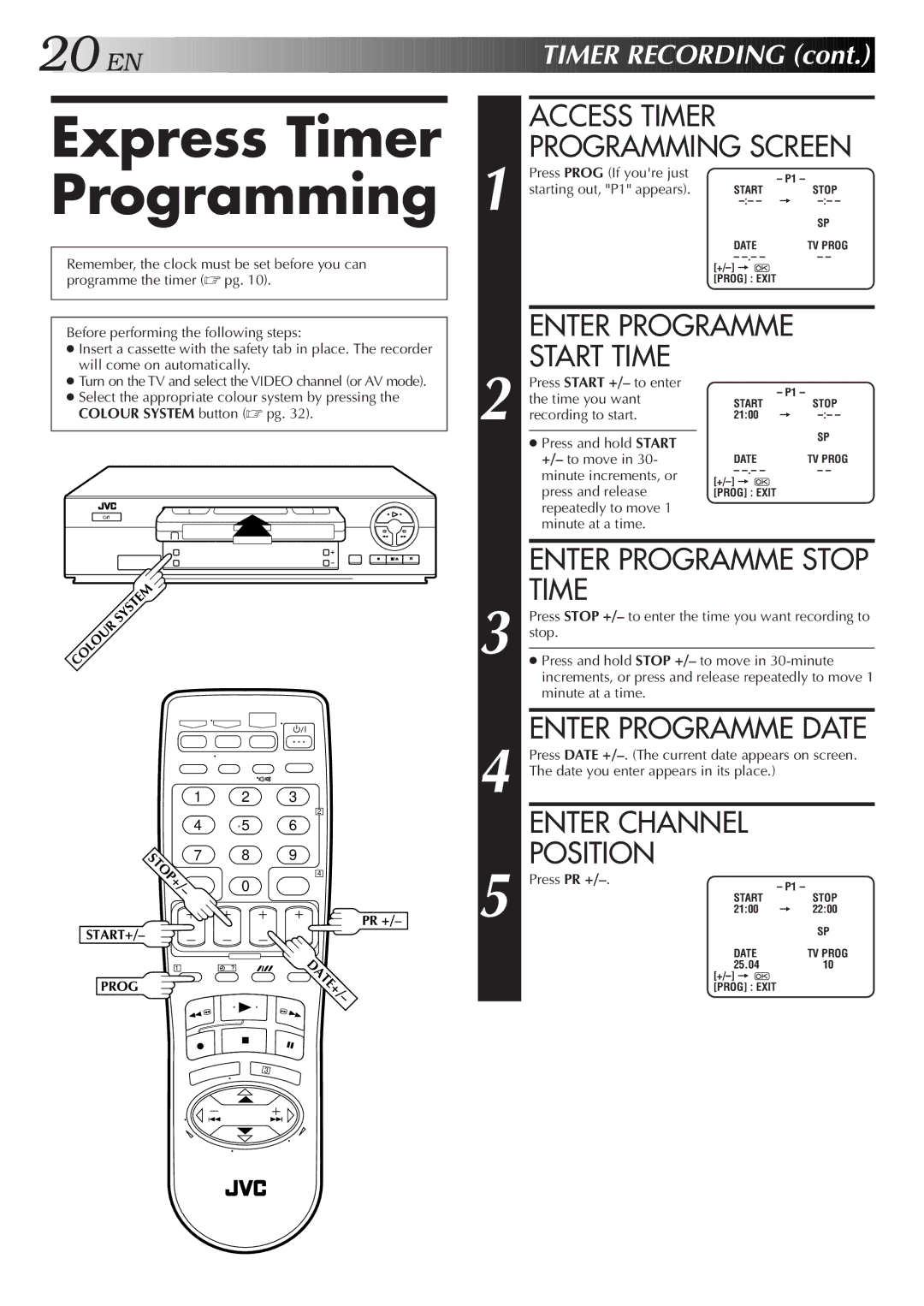 JVC LPT0421-001B Express Timer Programming, Enter Programme Stop Time, Enter Programme Date, Enter Channel Position 